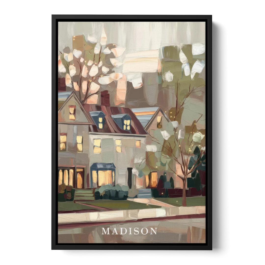 Madison Neighborhood Charm - Black Framed Canvas Wall Art - Front