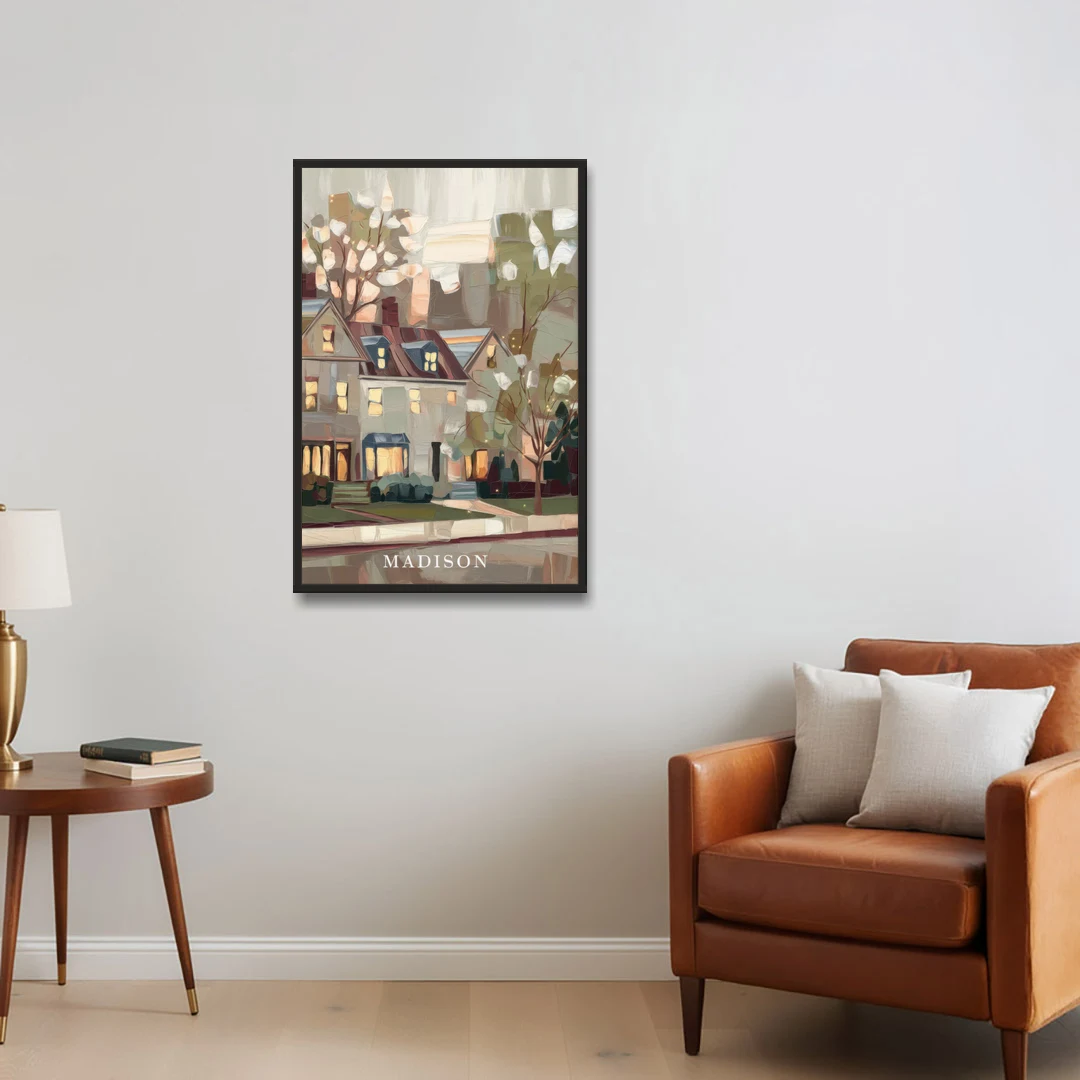 Madison Neighborhood Charm - Black Framed Canvas Wall Art - Sofa - 24x36