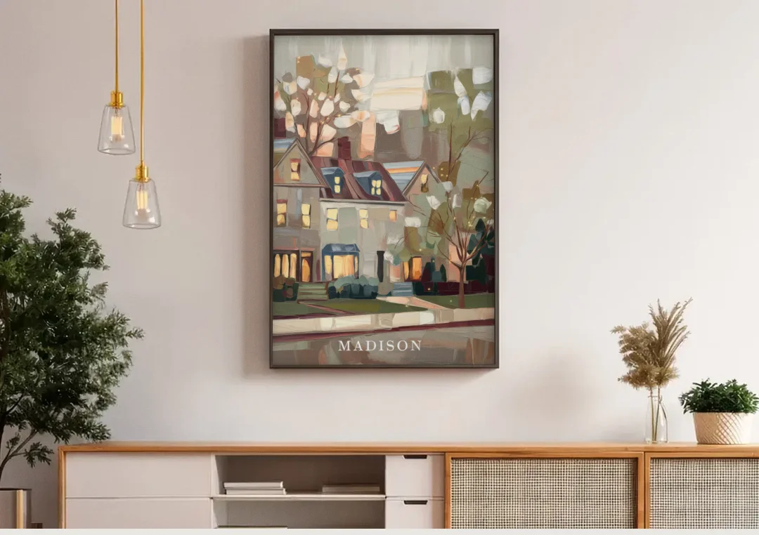 Madison Neighborhood Charm canvas wall art above a wooden sideboard under pendant lights