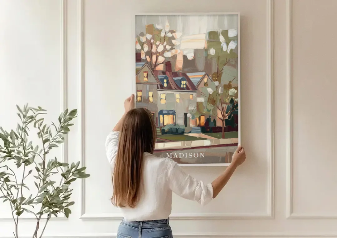 Madison Neighborhood Charm canvas wall art being hung on a paneled wall