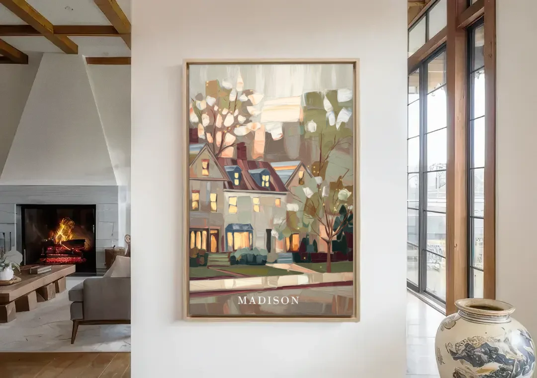 Madison Neighborhood Charm canvas wall art in a living room with a fireplace