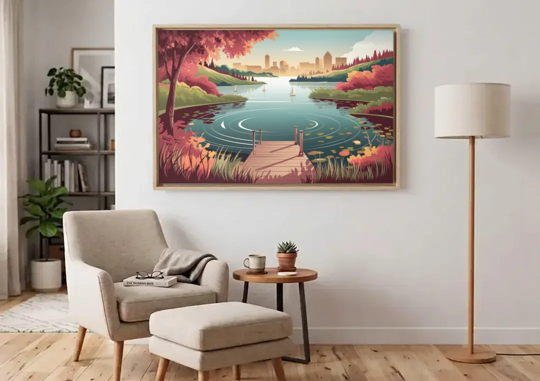 Madison Scenic Lakeshores canvas wall art above an armchair in a bright living room