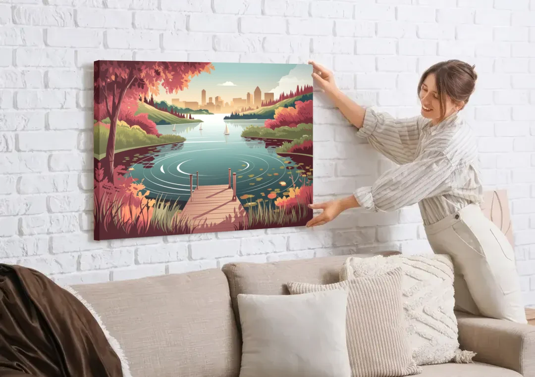 Madison Scenic Lakeshores canvas wall art being hung on a white brick wall above a sofa