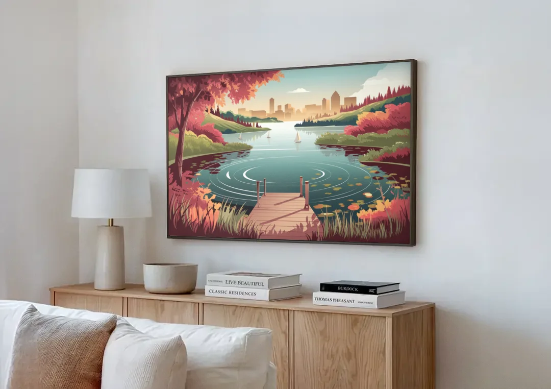 Madison Scenic Lakeshores canvas wall art above a wooden sideboard next to a sofa