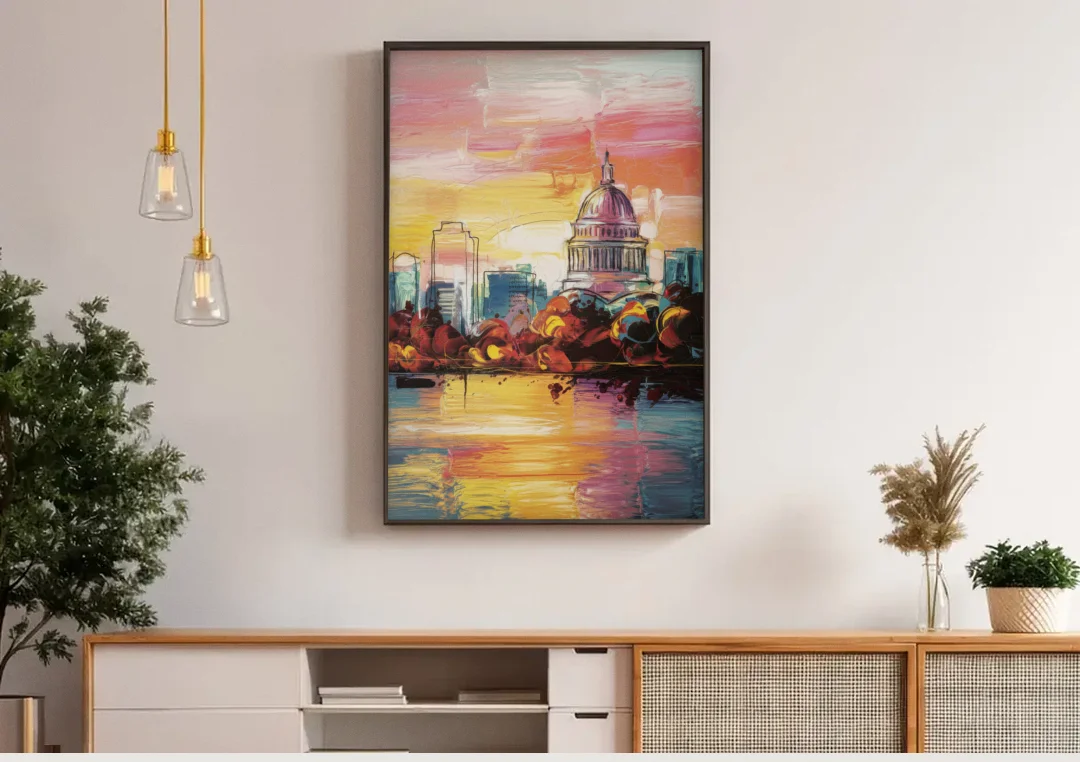 Madison Skyline at Sunset canvas wall art above a wooden sideboard under pendant lights