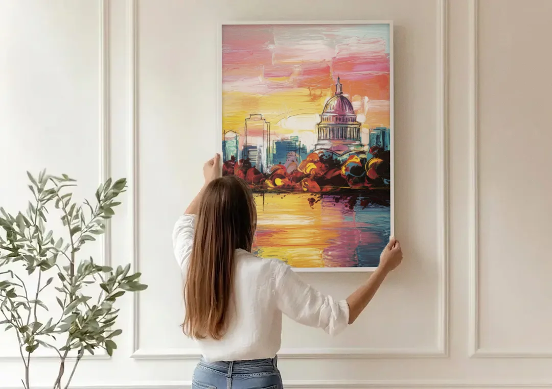 Madison Skyline at Sunset canvas wall art being hung on a paneled wall
