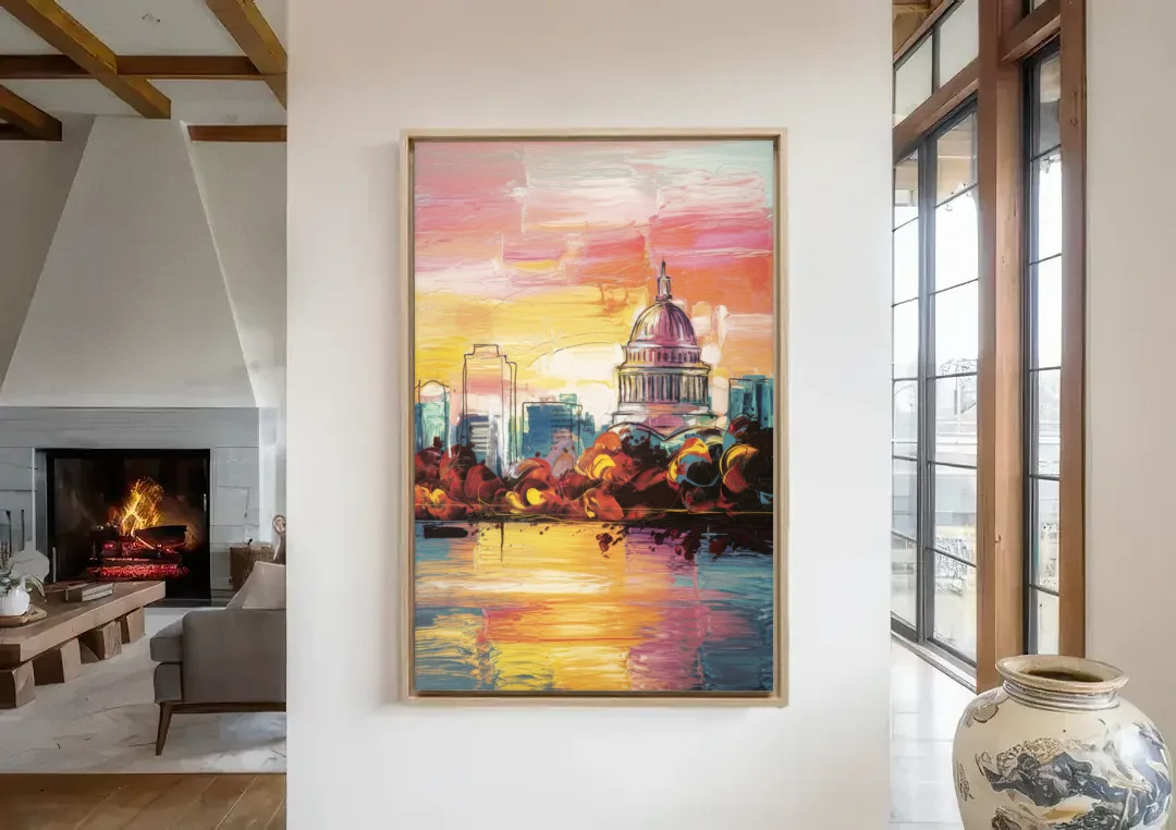 Madison Skyline at Sunset canvas wall art in a living room with a fireplace