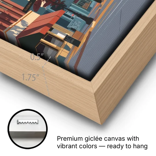 Madison State Street Vibes - Oak Framed Canvas Wall Art - Gallery Wrap Corner