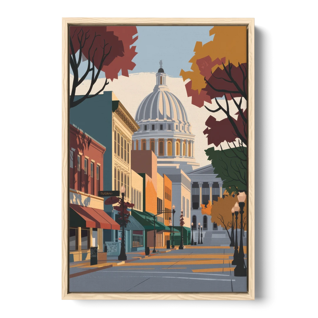 Madison State Street Vibes - Oak Framed Canvas Wall Art - Front