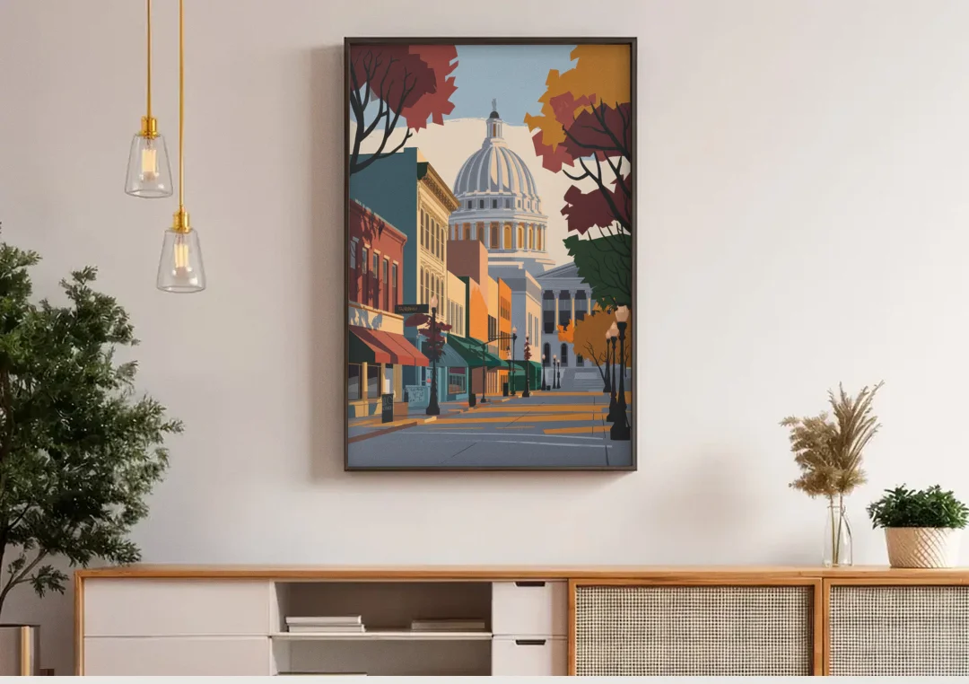 Madison State Street Vibes canvas wall art above a wooden sideboard under pendant lights