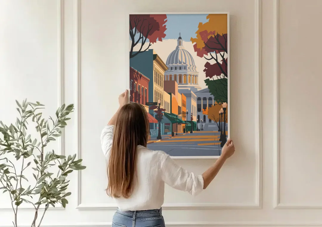 Madison State Street Vibes canvas wall art being hung on a paneled wall