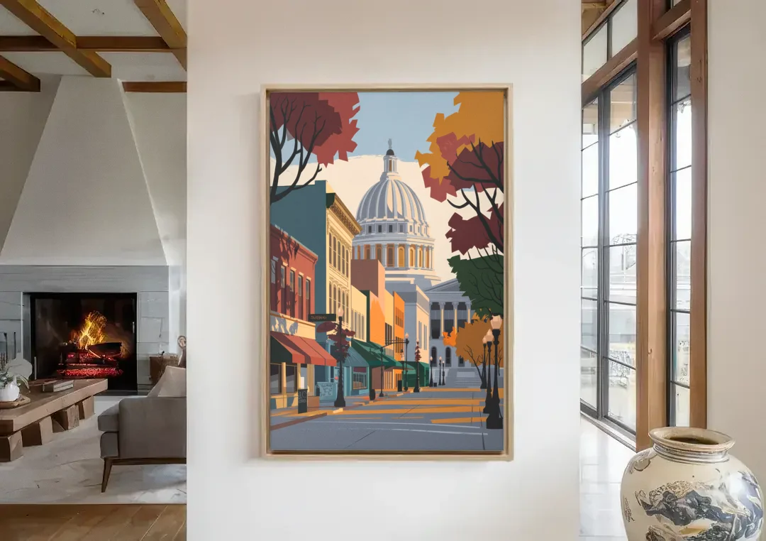 Madison State Street Vibes canvas wall art in a living room with a fireplace