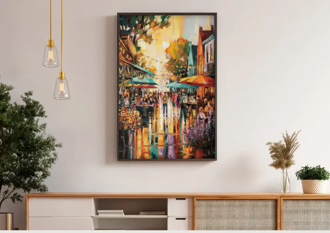 Madison Summer Festival Scene canvas wall art above a wooden sideboard under pendant lights