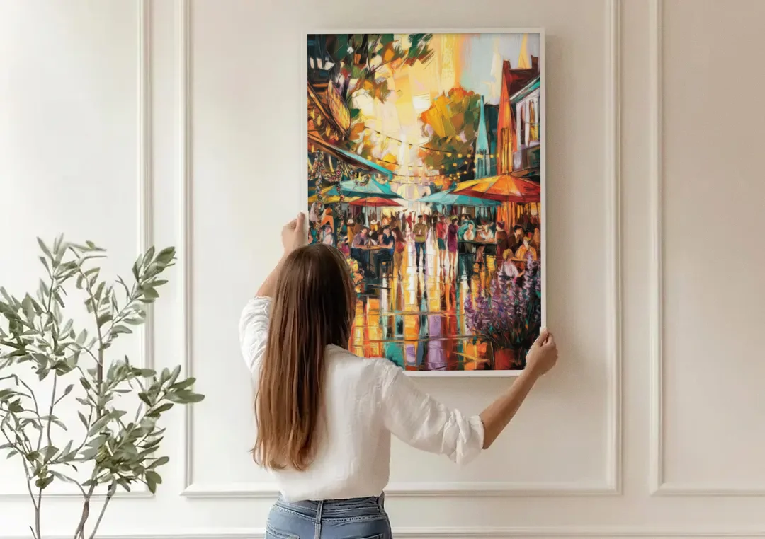 Madison Summer Festival Scene canvas wall art being hung on a paneled wall