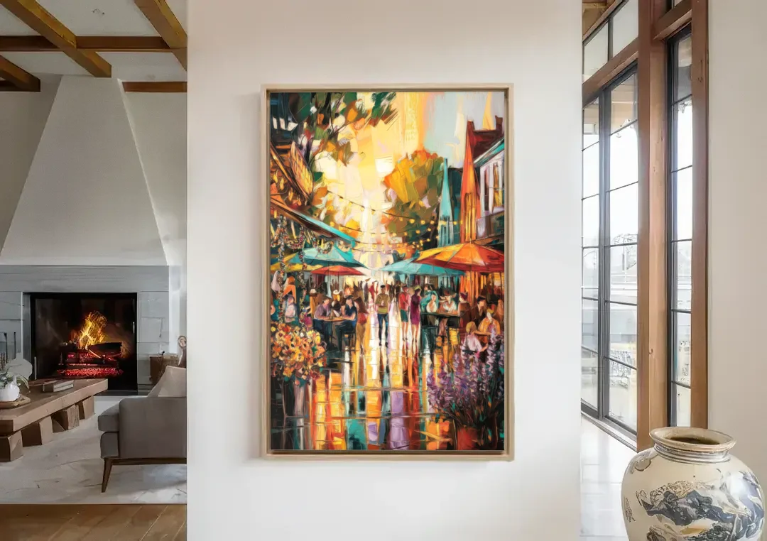 Madison Summer Festival Scene canvas wall art in a living room with a fireplace