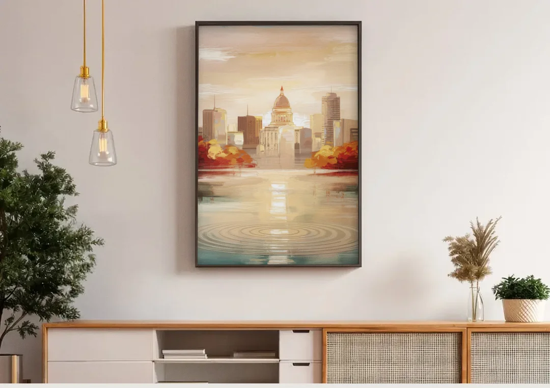 Madison Sunrise Over Downtown canvas wall art above a wooden sideboard under pendant lights