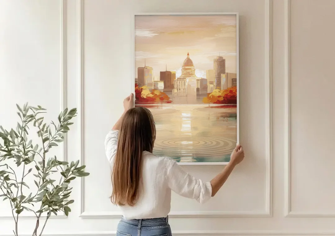 Madison Sunrise Over Downtown canvas wall art being hung on a paneled wall