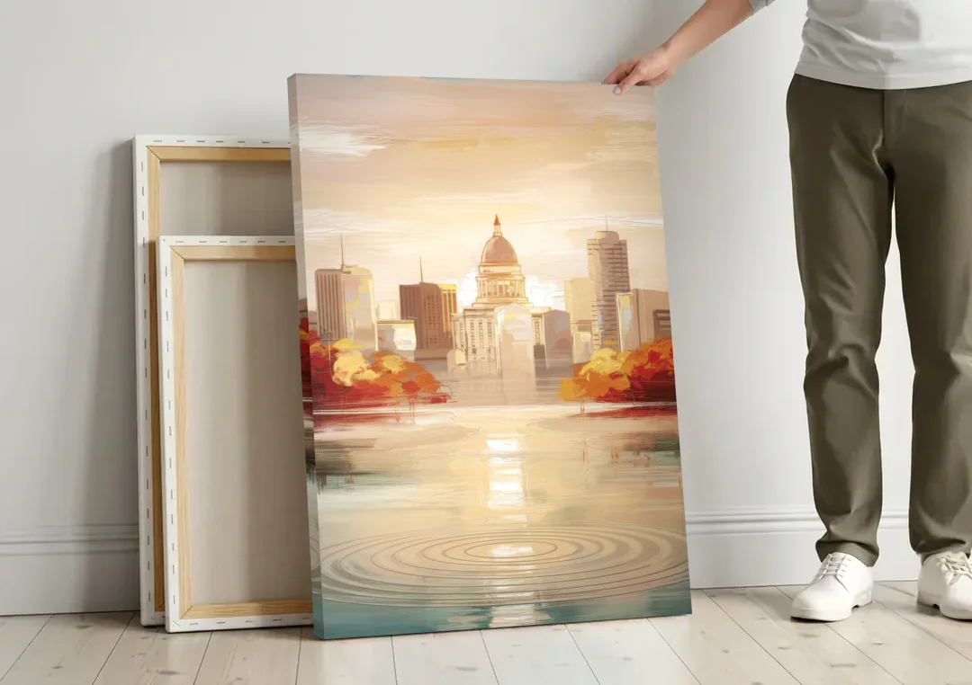 Madison Sunrise Over Downtown canvas wall art leaning against a wall next to blank canvases