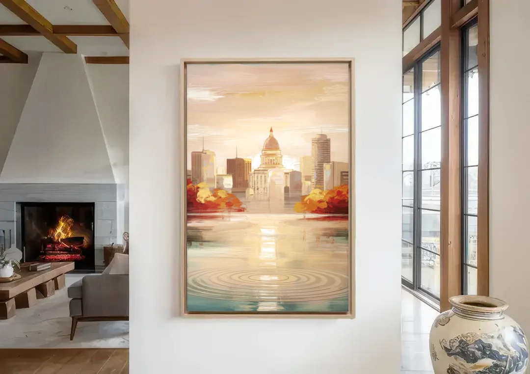 Madison Sunrise Over Downtown canvas wall art in a living room with a fireplace