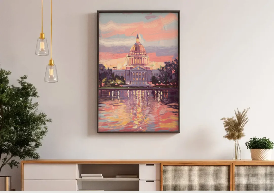 Madison Sunset Over Capitol canvas wall art above a wooden sideboard under pendant lights