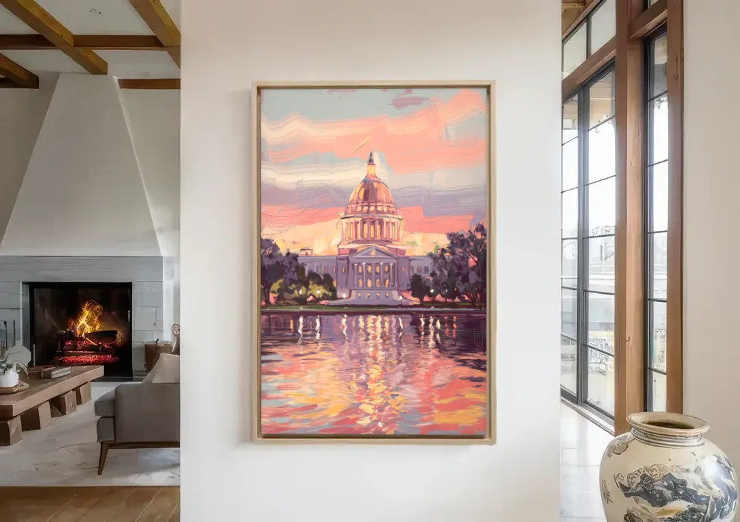 Madison Sunset Over Capitol canvas wall art in a living room with a fireplace