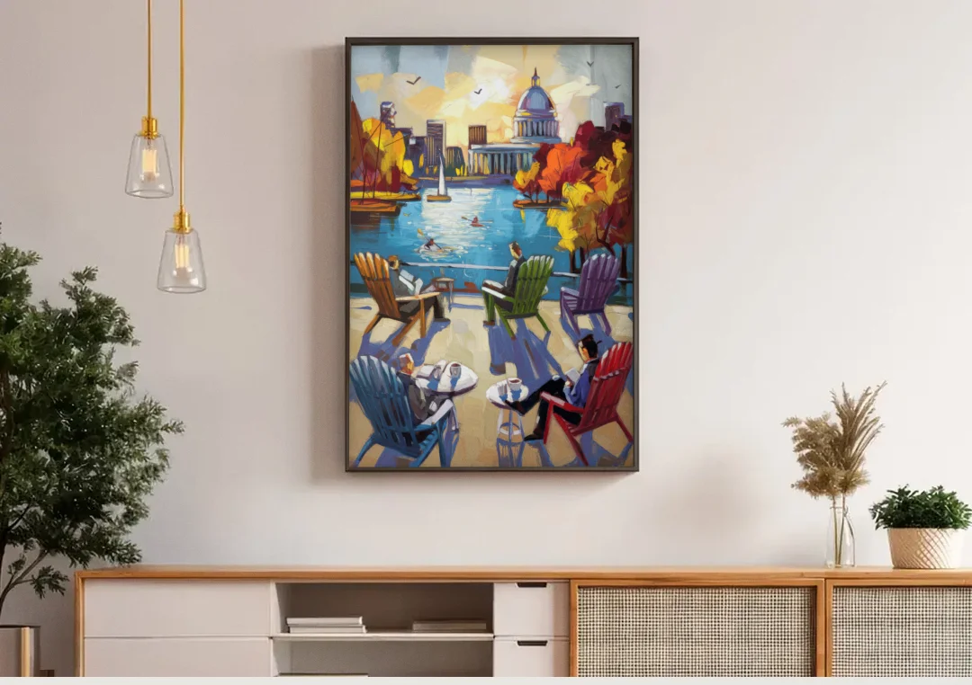 Madison Union Terrace Vibes canvas wall art above a wooden sideboard under pendant lights