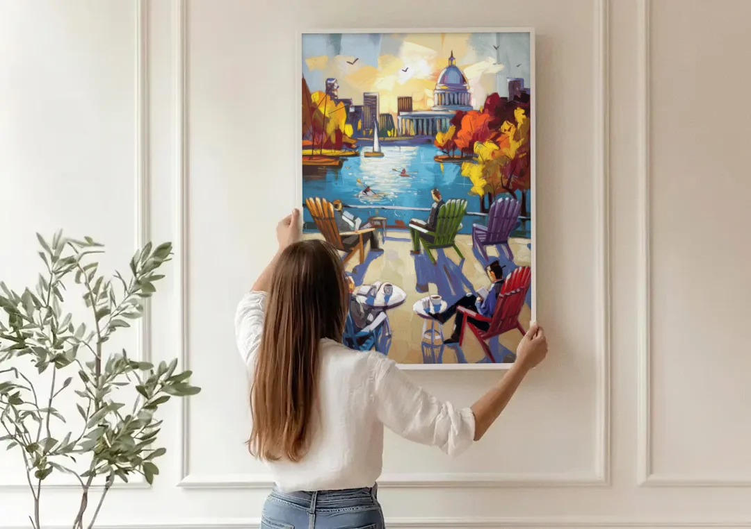 Madison Union Terrace Vibes canvas wall art being hung on a paneled wall