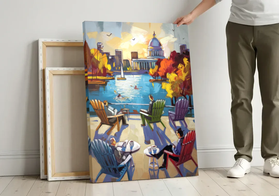 Madison Union Terrace Vibes canvas wall art leaning against a wall next to blank canvases