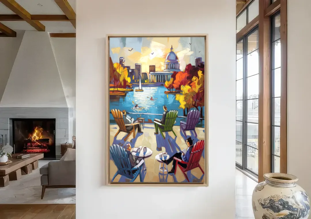 Madison Union Terrace Vibes canvas wall art in a living room with a fireplace