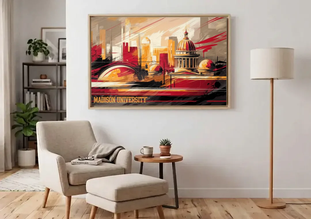 Madison University Spirit canvas wall art above an armchair in a bright living room