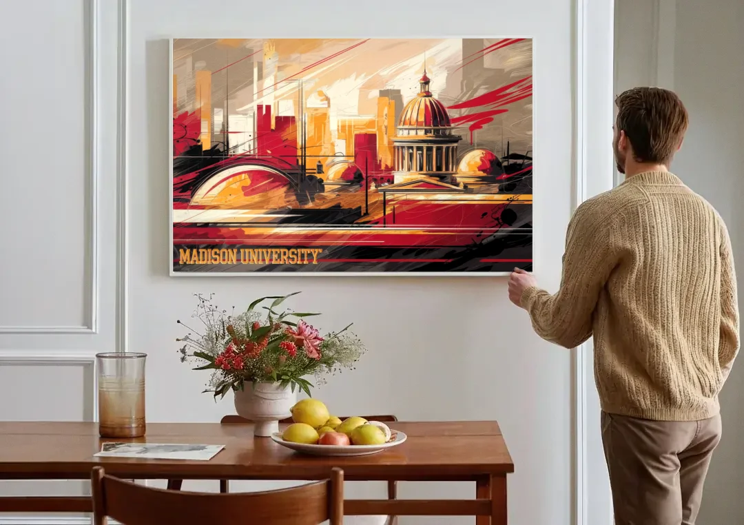 Madison University Spirit canvas wall art above a dining table