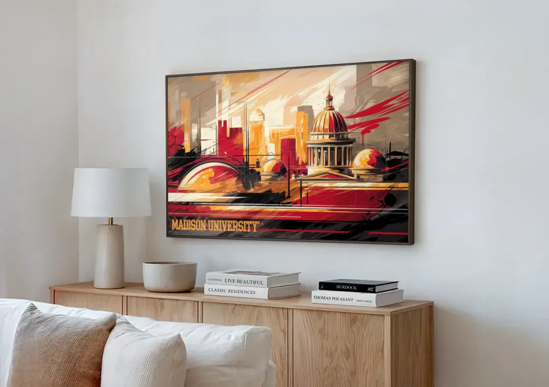 Madison University Spirit canvas wall art above a wooden sideboard next to a sofa