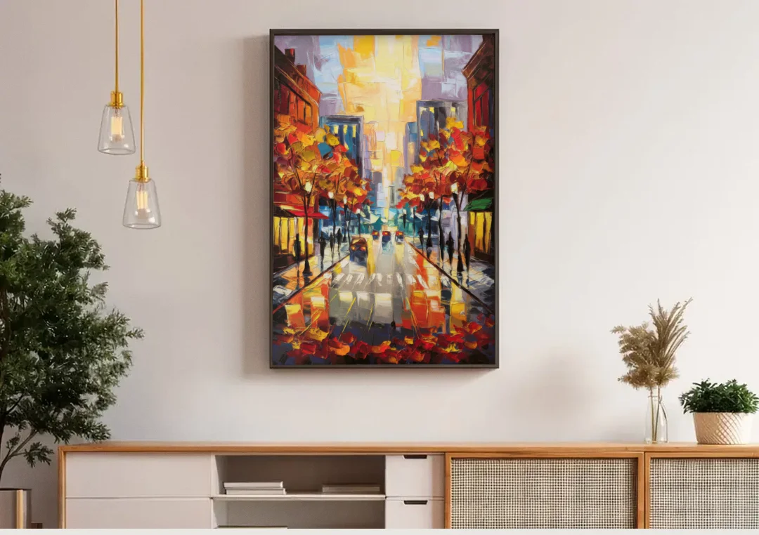Madison Vibrant Downtown canvas wall art above a wooden sideboard under pendant lights