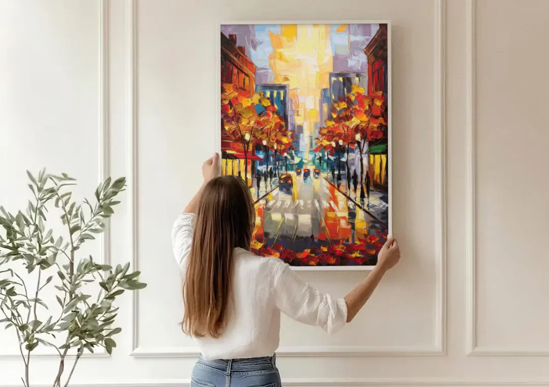 Madison Vibrant Downtown canvas wall art being hung on a paneled wall