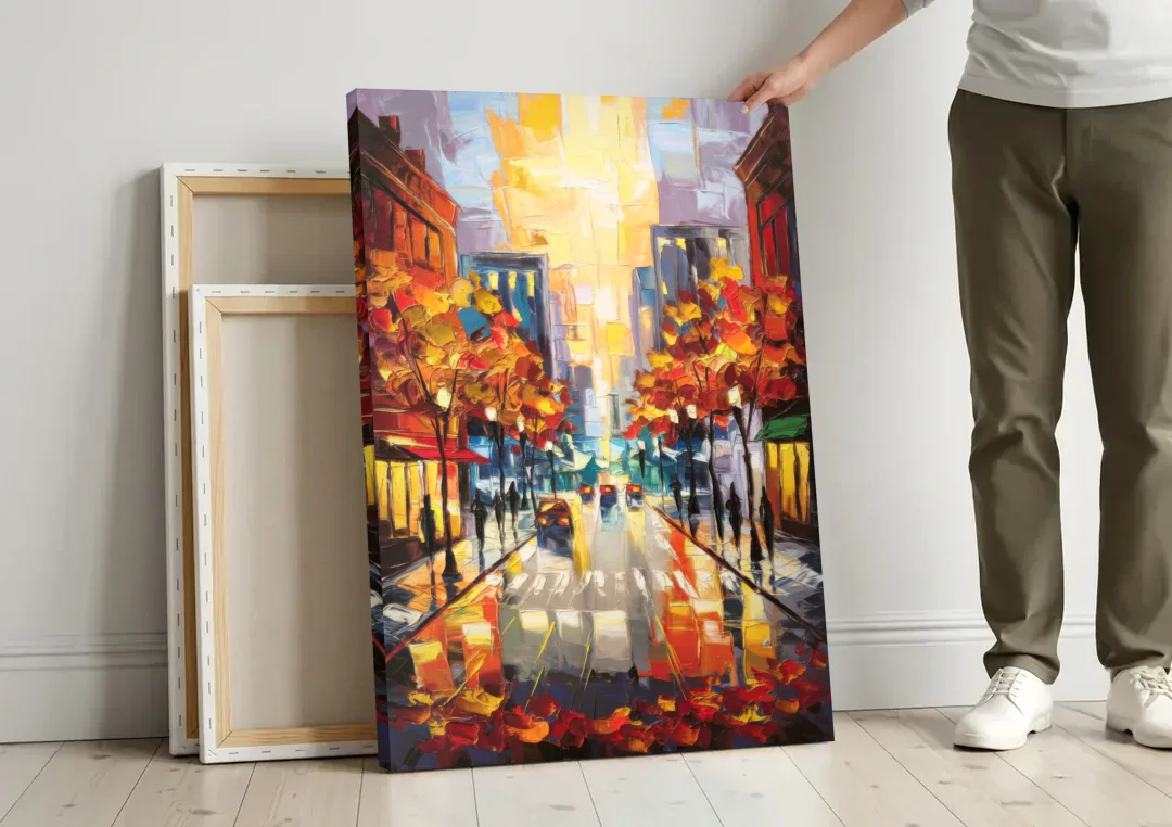 Madison Vibrant Downtown canvas wall art leaning against a wall next to blank canvases