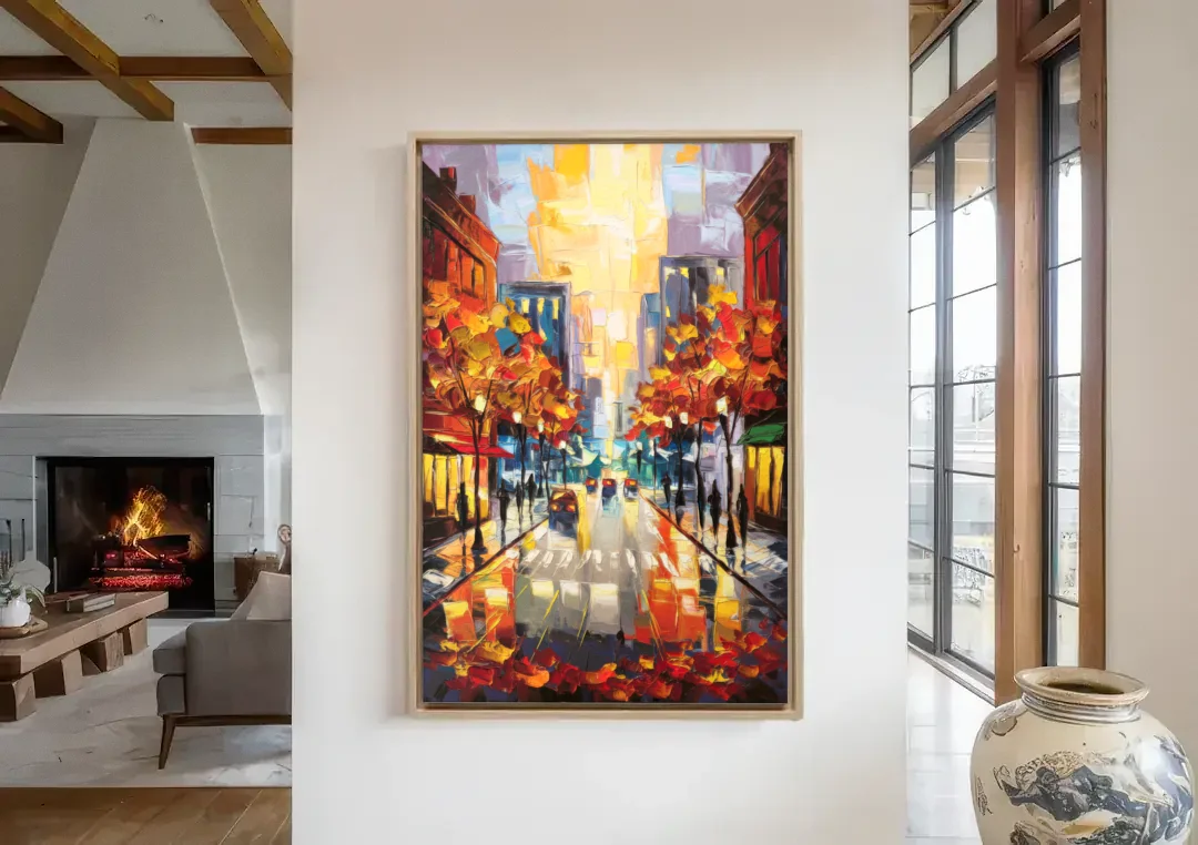 Madison Vibrant Downtown canvas wall art in a living room with a fireplace