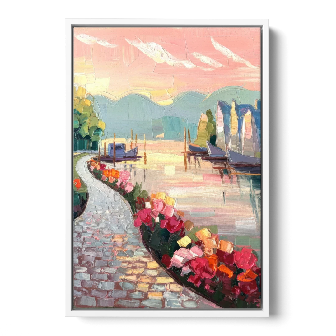 Madison Waterfront Stroll - White Framed Canvas Wall Art - Front