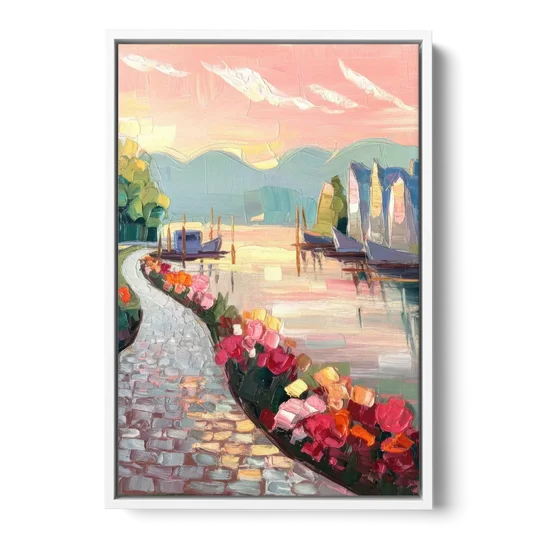 Madison Waterfront Stroll - White Framed Canvas Wall Art - Front