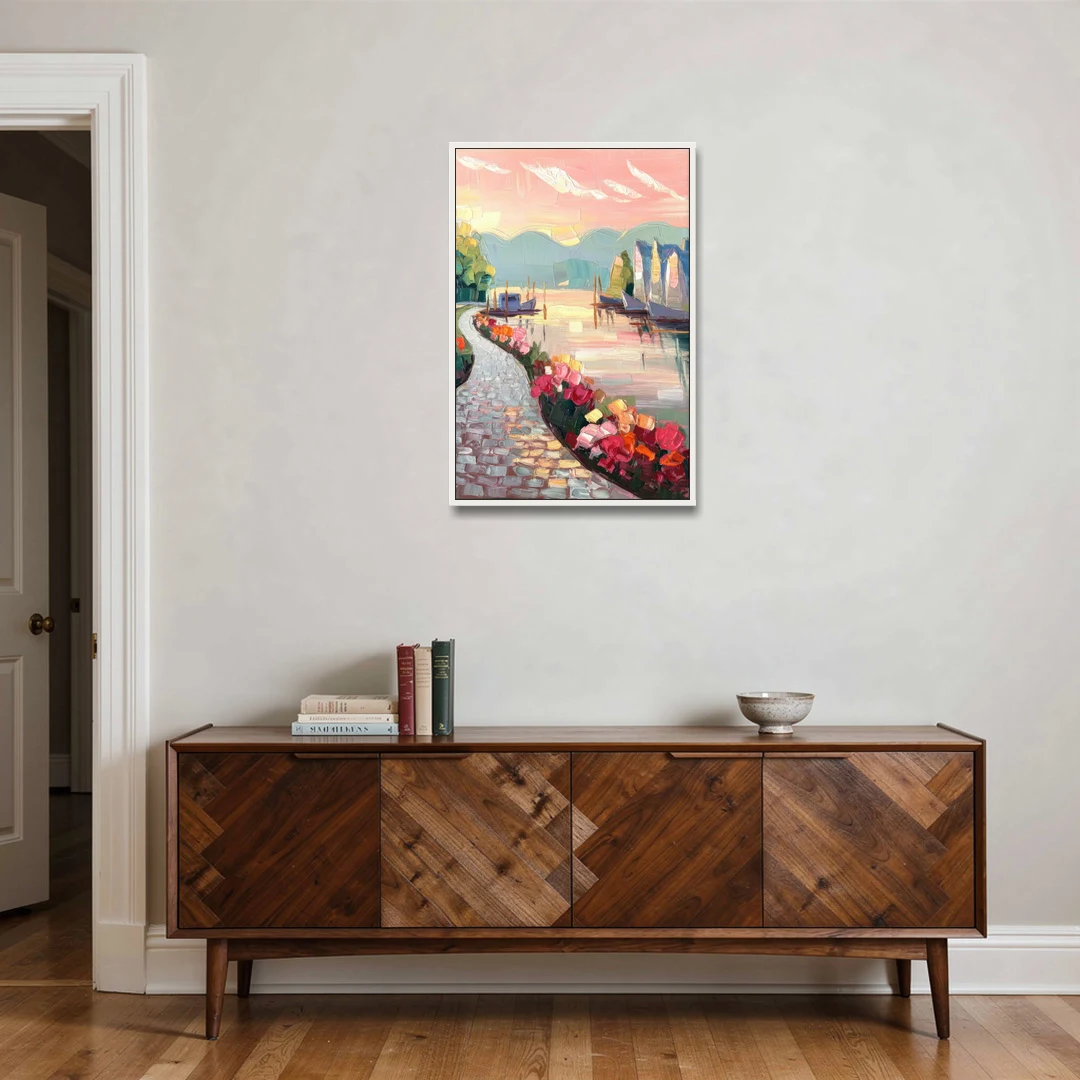 Madison Waterfront Stroll - White Framed Canvas Wall Art - Coffee Table - 24x36