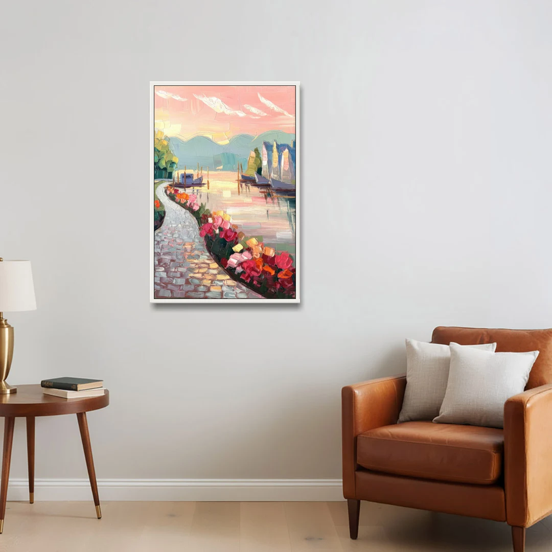 Madison Waterfront Stroll - White Framed Canvas Wall Art - Sofa - 24x36
