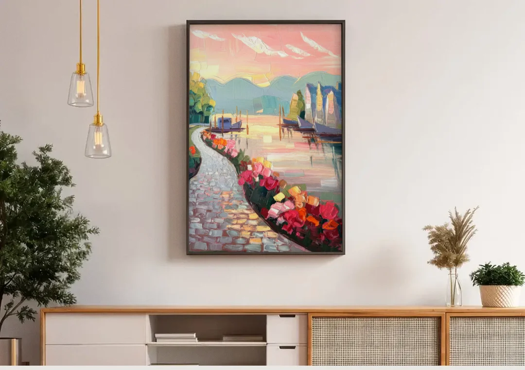 Madison Waterfront Stroll canvas wall art above a wooden sideboard under pendant lights