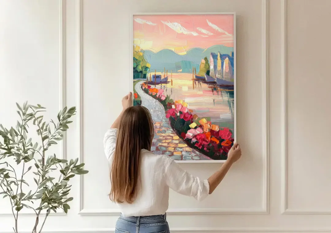 Madison Waterfront Stroll canvas wall art being hung on a paneled wall