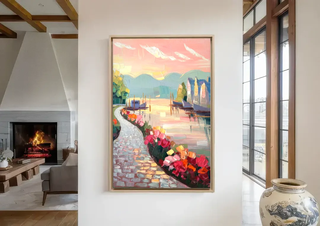 Madison Waterfront Stroll canvas wall art in a living room with a fireplace