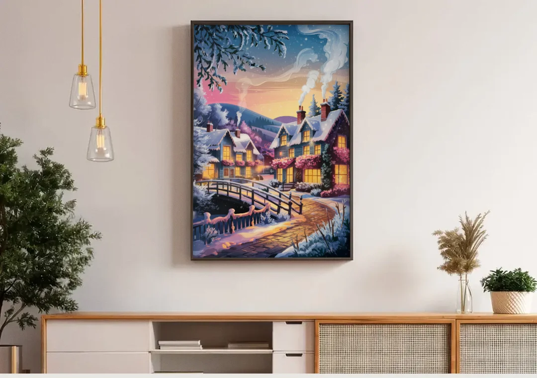 Madison Winter Wonderland canvas wall art above a wooden sideboard under pendant lights
