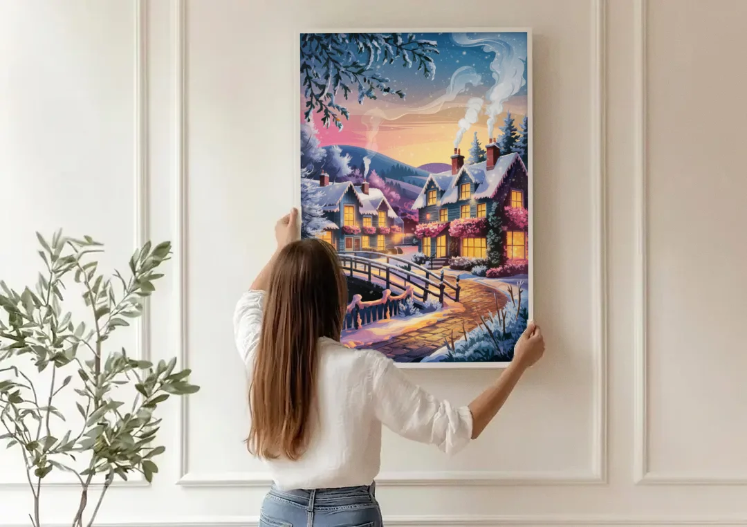 Madison Winter Wonderland canvas wall art being hung on a paneled wall