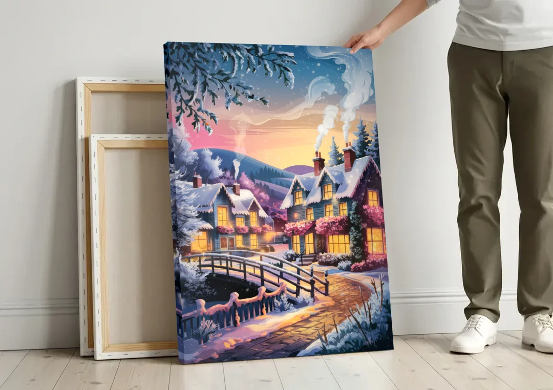 Madison Winter Wonderland canvas wall art leaning against a wall next to blank canvases