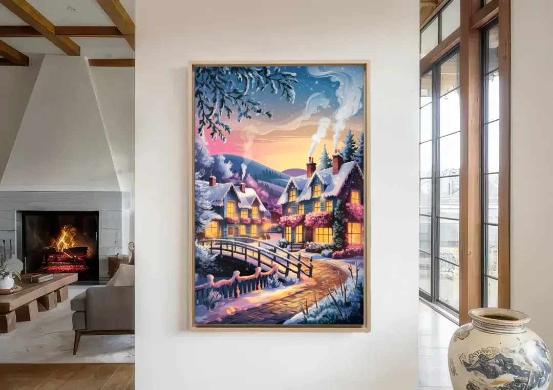 Madison Winter Wonderland canvas wall art in a living room with a fireplace