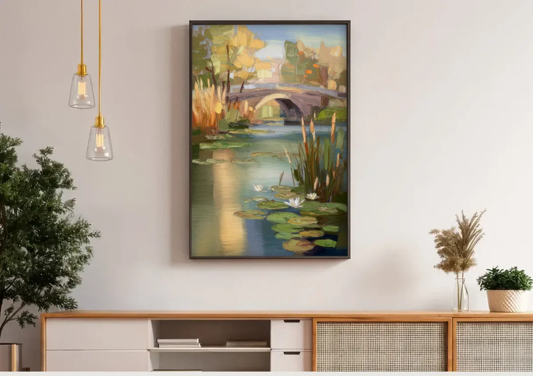 Madison Yahara River Tranquility canvas wall art above a wooden sideboard under pendant lights