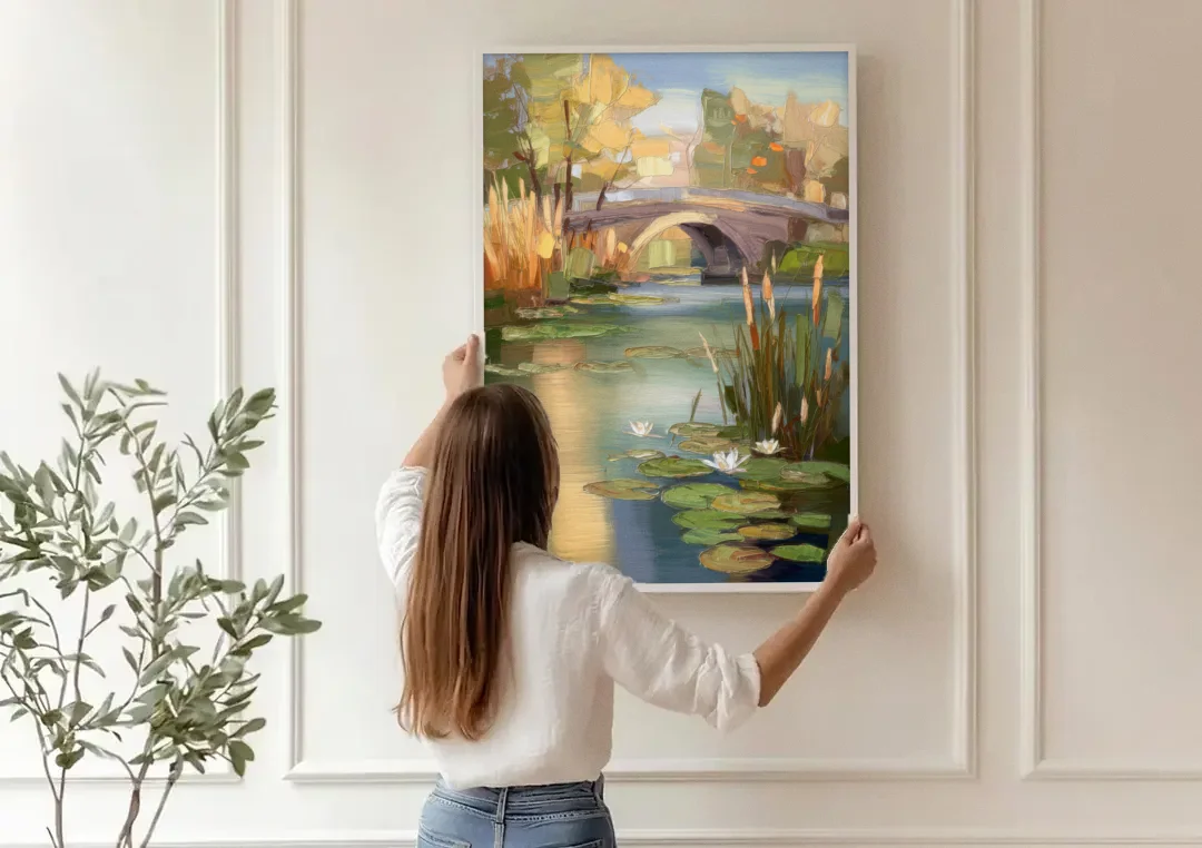 Madison Yahara River Tranquility canvas wall art being hung on a paneled wall
