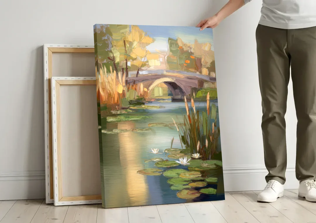 Madison Yahara River Tranquility canvas wall art leaning against a wall next to blank canvases